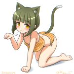  1girl all_fours animal_ears barefoot bob_cut breasts camisole cat_ears cat_tail commentary_request dated dated_commentary feet green_hair inverted_bob kantai_collection one-hour_drawing_challenge orange_eyes panties paw_pose ray.s short_hair side-tie_panties simple_background small_breasts solo tail takanami_(kancolle) twitter_username underwear underwear_only white_background yellow_camisole yellow_panties 