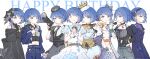  6+girls absurdres ano_hi_no_yume_no_kanata_mukou_e_(project_sekai) arm_at_side belt black_belt black_choker black_dress black_gloves black_hairband black_leotard black_necktie blue_dress blue_eyes blue_hair blue_jacket blue_pants bow_hairband braid braided_bun buttons chinese_commentary choker closed_mouth clothing_cutout clover_brooch clover_hair_ornament collared_shirt commentary_request corded_phone cropped_jacket crown double-breasted dress fingerless_gloves firmianapenguin floral_print floral_print_shirt ganbaru_anata_ni_break_time!_(project_sekai) gloves grey_jacket grey_leotard grey_shirt hair_behind_ear hair_bun hair_ornament hairband hand_on_another's_shoulder hand_on_own_chest hand_up happy_birthday hat highres hip_vent holding holding_megaphone holding_microphone holding_phone idol idol_clothes jacket kiritani_haruka kono_monogatari_wa_kibou_wo_nosete_(project_sekai) lapels lead_to_shine_more_(project_sekai) leap_beyond_the_limits!_(project_sekai) leotard long_sleeves megaphone microphone midriff mini_hat multicolored_leotard multiple_girls multiple_persona necktie notched_lapels off-shoulder_dress off_shoulder official_alternate_costume official_alternate_hairstyle open_clothes open_jacket open_mouth pants phone print_shirt project_sekai rise_and_strive_(project_sekai) shirt short_hair short_sleeves shoulder_cutout simple_background smile striped_clothes striped_necktie swept_bangs three-quarter_sleeves tsunagu_painful_hope_(project_sekai) two-tone_leotard white_background white_jacket white_shirt white_wrist_cuffs wing_hair_ornament wrist_cuffs zipper 