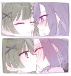  2girls bang_dream! bang_dream!_yumemita blush bob_cut commentary_request eye_contact face-to-face fuji_miyako fuji_miyako_(real) green_hair hair_ornament hand_on_another's_face highres imminent_kiss kiss long_hair looking_at_another multiple_girls ningen_aku purple_eyes purple_hair viola_(bang_dream!) x_hair_ornament yuri 