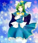  1girl akyuu's_untouched_score blue_cape blue_capelet blue_dress blue_hat bow bowtie buttons cape capelet commentary_request dress frilled_dress frills ghost ghost_tail green_eyes green_hair hand_on_own_back hand_on_own_chest hat long_hair looking_at_viewer mima_(touhou) solo star_(symbol) star_print touhou touhou_(pc-98) trutsmn wizard_hat yellow_bow yellow_bowtie 