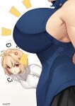  2girls absurdres alternate_breast_size_(larger) anger_vein annoyed antenna_hair arcueid_brunestud blonde_hair blue_dress blue_hair breast_envy breasts ciel_(tsukihime) commentary dress girl_staring_at_guy's_chest_(meme) gizza_(carlosgizza2) hair_between_eyes highres huge_breasts jewelry leaning_forward meme multiple_girls necklace notice_lines plaid_clothes plaid_skirt pout powered_ciel profile red_eyes short_hair single_hair_intake skirt sleeveless sleeveless_dress sweater tsukihime tsukihime_(remake) turtleneck turtleneck_sweater untranslatable_commentary white_sweater 