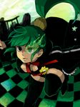  acme_iku bad_id bad_pixiv_id black_rock_shooter black_rock_shooter_(character) black_rock_shooter_(character)_(cosplay) breasts burning_eye checkered checkered_floor choker close-up cosplay fire flower green_fire jacket maidloid medium_breasts ponytail ribbon_choker running solo star utau vocaloid 