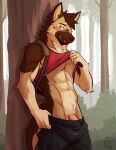 abs absurd_res anthro aroused aroused_face aroused_male aroused_smile backpack barazoku bedroom_eyes biceps big_bulge big_muscles big_pecs big_penis black_bottomwear black_clothing black_pants blush blush_lines bottomwear bottomwear_around_legs bottomwear_pull brown_body brown_fur brown_hair bulge canid canine canis clothed clothing clothing_around_legs clothing_lift clothing_pull detailed_bulge domestic_dog erection erection_under_clothing erection_under_pants flirting flirting_look flirting_with_viewer forest forest_background fur genital_outline genitals german_shepherd grin grinning_at_viewer hair herding_dog hi_res inviting inviting_to_sex inviting_viewer leaf looking_pleasured male mammal manly muscular muscular_anthro muscular_arms muscular_male muscular_thighs narrowed_eyes nature nature_background offering_sex offering_to_viewer outside pants pants_around_legs pants_pull pastoral_dog pawpads pecs penis penis_outline pink_penis plant pose presenting presenting_belly presenting_body presenting_bulge presenting_pecs presenting_penis red_clothing red_shirt red_topwear seducing_viewer seductive shirt shirt_lift showing_off_muscles shrub smile smiling_at_viewer smirk smirking_at_viewer solo standing tan_body tan_fur teasing teasing_viewer thick_arms thick_penis thick_thighs topwear tree undressing undressing_self ventkazemaru