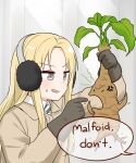  1girl :d blonde_hair brown_gloves diagonal-striped_clothes diagonal-striped_necktie earmuffs english_text felutiahime genderswap genderswap_(mtf) gloves grey_eyes harry_potter_(series) long_hair malfoid mandrake necktie smile solo striped_clothes striped_necktie sweatdrop wizarding_world 