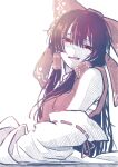 1girl aoki_ayunohako bare_shoulders bow breasts chest_sarashi commentary_request dress hair_bow hakurei_reimu highres japanese_clothes light_smile long_hair looking_at_viewer medium_breasts miko open_mouth red_dress red_eyes sarashi sidelocks simple_background solo touhou very_long_hair white_background 
