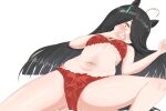  1girl ahoge animal_ears black_hair blunt_ends blush bra breasts commentary ear_ornament ear_tag earrings english_commentary hands_up highres horse_ears horse_girl jewelry lace-trimmed_bra lace-trimmed_panties lace_trim long_hair manhattan_cafe_(umamusume) multicolored_hair navel panties red_bra red_panties simple_background single_earring solo spread_legs umamusume underwear very_long_hair white_background white_hair xelnoth yellow_eyes 