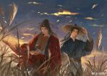  2boys absurdres adjusting_clothes adjusting_headwear all_wishes_come_true! arm_wrap black_hair black_pants black_sash blue_hanfu chinese_clothes chinese_commentary closed_eyes closed_mouth cloud cloudy_sky coat commentary_request facial_hair falling_leaves flame_print grass hair_bun hair_ornament hair_ribbon half_updo hand_fan hand_on_headwear hand_up hanfu hat highres holding holding_fan jewelry layered_sleeves leaf leaf_belt leaf_fan leaf_hair_ornament long_hair long_sleeves looking_at_viewer lu_dongbin_(all_wishes_come_true!) male_focus multiple_boys mustache_stubble open_clothes open_coat outdoors palm_leaf_fan pants parted_lips ponytail qiuming red_ribbon red_sash ribbon robe sash shoulder_strap sidelocks single_hair_bun sky smile standing straw_hat stubble sword sword_on_back twilight watermark weapon weapon_on_back weibo_watermark wheat white_hanfu wide_sleeves wind yaopei zhongli_quan_(all_wishes_come_true!) 