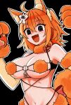  1girl ahoge alternate_color animal_ears animal_hands breasts cat_paws chaldea_logo claw_pose commentary_request cosplay elbow_gloves fang fate/grand_order fate_(series) fujimaru_ritsuka_(female) fur-trimmed_gloves fur-trimmed_legwear fur_bikini fur_bra fur_collar fur_trim gloves hair_between_eyes hair_ornament hair_scrunchie halloween_costume highres large_breasts looking_at_viewer mash_kyrielight mash_kyrielight_(dangerous_beast) mash_kyrielight_(dangerous_beast)_(cosplay) moyashi_(momoyashi_321) navel o-ring o-ring_top one_side_up open_mouth orange_hair paw_gloves revealing_clothes scrunchie shikigami short_hair side_ponytail smile solo tail wolf_ears wolf_tail yellow_scrunchie 