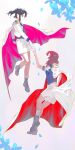  2girls absurdres black_boots blue_flower blue_petals boots commentary_request epaulettes eye_contact falling_petals flower full_body highres inazuma_(elect_line) jacket lace-up_boots long_sleeves looking_at_another love_live! love_live!_school_idol_project multiple_girls nishikino_maki open_clothes open_jacket petals reaching reaching_towards_another red_vest shorts side_cape vest white_background white_shorts yazawa_nico 