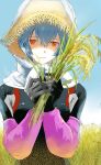  1girl ayanami_rei black_bodysuit blue_eyes bodysuit commentary_request day evangelion:_3.0+1.0_thrice_upon_a_time headscarf highres holding looking_at_viewer mecha_pilot_suit neon_genesis_evangelion outdoors plugsuit_(evangelion) rebuild_of_evangelion red_eyes rice short_hair solo soraaaa53 