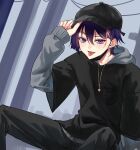  1boy alternate_costume arm_at_side bishounen black_hat black_mask black_pants black_shirt black_sleeves blunt_ends cable casual commentary contemporary cross cross_earrings ear_piercing earrings english_commentary eyelashes fang fingernails genshin_impact gold_necklace grey_hood grey_hoodie grey_sleeves hair_between_eyes hand_up hat hat_tip highres hood hood_down hoodie jewelry layered_sleeves long_sleeves looking_at_viewer male_focus mask mask_around_neck mouth_mask multicolored_hair necklace newsboy_cap open_mouth outdoors overcast pants piercing pink_hair pink_nails purple_eyes purple_hair scaramouche_(genshin_impact) shirt short_over_long_sleeves short_sleeves sitting sky solo streaked_hair t-shirt teeth tongue tongue_out tongue_piercing tsurime upper_teeth_only utility_pole yoontrsh 