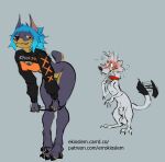 abstract_background animal_genitalia anthro balls black_nose blue_hair breasts canid canine canis clothed clothing dobermann domestic_dog duo_focus errokioslem female feral full-length_portrait fully_sheathed genitals group hair hi_res looking_at_another male male/female mammal maslina_(errokioslem) mustelid panties panties_down partially_clothed pinscher portrait saggy_balls sheath simple_background simple_coloring stoaty text three-quarter_view underwear underwear_down url