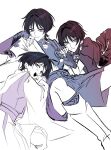  3boys armor bishounen black_hair blunt_ends bow bridal_gauntlets choppy_bangs closed_mouth clothing_cutout eyeliner feathered_wings furisode gem genshin_impact h4re_tltl hair_intakes hand_up highres japanese_armor japanese_clothes kariginu kimono kote kusazuri layered_sleeves leg_warmers looking_at_viewer lying makeup mitsudomoe_(shape) monochrome multiple_boys multiple_persona o-ring on_back on_side on_stomach open_clothes open_kimono open_mouth pants pom_pom_(clothes) purple_eyes red_eyeliner rope scaramouche_(genshin_impact) scaramouche_(harbinger)_(genshin_impact) scaramouche_(kabukimono)_(genshin_impact) short_sleeves shorts side_cape side_cutout smile teeth tomoe_(symbol) tsurime upper_teeth_only vision_(genshin_impact) wanderer_(genshin_impact) white_background wings wolf_cut 