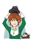  1boy 1girl absurdres ahoge arms_up atheism black_suit blue_eyes braid braided_ponytail christ-chan christianity collar cross cross_necklace cross_tie dress fedora green_dress hair_ornament hairclip hat highres jewelry long_dress looking_up necklace original panicking paperboard red_cross_tie smile suit tongue tongue_out upper_body white_collar white_sleeves 