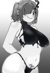  1girl arms_behind_back bare_shoulders bikini black_bikini black_liquid breasts commentary goddess_of_victory:_nikke greyscale hair_over_one_eye highres horns large_breasts liquid_clothes monochrome navel one_side_up pubic_tattoo rogue_dojeog short_hair single_horn solo stomach swimsuit tattoo untranslatable_commentary ziz_(nikke) 