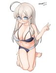  1girl absurdres ahoge barefoot blue_eyes breasts cleavage collarbone commentary_request dated from_above glasses grey_hair heywood_l._edwards_(kancolle) heywood_l._edwards_(swimsuit)_(kancolle) highres kantai_collection kneeling large_breasts long_hair maru_(marg0613) navel one-hour_drawing_challenge simple_background solo twitter_username v white_background 