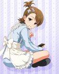  1girl apron back_bow black_shoes blue_jacket bow brown_hair card_commentary cellphone commentary_request futami_ami game_asset grin hair_ornament heart heart_hair_ornament holding holding_phone idolmaster idolmaster_(classic) idolmaster_million_live! idolmaster_million_live!_theater_days index_finger_raised indian_style jacket jersey_maid jersey_maid_girl_(idolmaster) looking_at_viewer maid maid_apron official_alternate_costume official_art phone shoes short_hair side_ponytail sitting smartphone smile solo third-party_source track_jacket unconventional_maid white_apron white_bow 