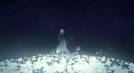  2boys absurdres back-to-back black_cloak cloak coat coattails commentary emil_(nier) falling_petals field flower flower_field from_side glowing_flower green_cloak grey_hair head_down highres holding holding_staff kneeling long_sleeves lunar_tear mage_staff male_focus multiple_boys nier nier_(series) night petals print_scarf purple_coat scarf shiyoi short_hair skeleton sky solo staff standing star_(sky) tailcoat torn_cloak torn_clothes white_flower white_petals 