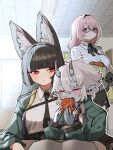  3girls absurdres animal_ear_fluff animal_ears bag black_gloves black_hair black_horns black_necktie black_ribbon black_skirt blue_horns blue_skin blunt_bangs blush book breasts cabinet chroong closed_eyes closed_mouth collared_shirt colored_skin commentary_request dress_shirt earrings eating file_cabinet food fox_ears fox_girl glasses gloves green_jacket grocery_bag hair_between_eyes highres holding holding_bag holding_food horns hoshimi_miyabi indoors jacket jewelry large_breasts long_hair long_sleeves looking_at_viewer medium_breasts multicolored_horns multiple_girls neck_ribbon necktie nose_bubble oni open_book open_clothes paper_bag pink_eyes pink_hair pointy_ears purple_eyes red_eyes ribbon shirt shopping_bag short_hair sidelocks sitting skin-covered_horns skirt soukaku_(zenless_zone_zero) standing table tsukishiro_yanagi two-tone_horns white_hair white_shirt zenless_zone_zero 