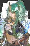  1girl arknights black_jacket breasts chest_sarashi cleavage closed_mouth cowboy_shot frischenq gloves green_hair hair_between_eyes high_ponytail holding holding_sword holding_weapon horns hoshiguma_(arknights) hoshiguma_the_breacher_(arknights) jacket jewelry long_hair looking_at_viewer navel ponytail red_gloves ring sarashi single_horn skin-covered_horns solo sword weapon yellow_eyes 