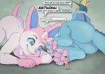 4_toes anthro ass_up big_butt blue_body blue_eyes blue_fur bow_(feature) bow_ribbon butt butt_focus claws curling_toes dialogue eeveelution english_text extreme_size_difference feet female fin foot_fetish foot_focus foot_rub fur generation_1_pokemon generation_6_pokemon group hi_res hindpaw human kiwifizz lying male male/female mammal micro nintendo oblivious on_side pawpads paws pink_body pink_fur pink_nose pink_pawpads pokemon pokemon_(species) rear_view simple_background size_difference smile soles speech_bubble sylveon tail teasing text toe_claws toes trio vaporeon