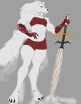absurd_res anthro bandage binder_(restraint) black_sclera blue_eyes canid canine canis cen_amb chest_wraps clothing digitigrade elemental_creature exposed_muscle female female/female flat_chested flesh fluffy fluffy_tail fog fur gold_(metal) gore hi_res ice ice_creature leather leather_clothing mammal mane melee_weapon mineral_fauna muscular muscular_anthro neck_tuft paws restraints simple_background solo sword tail tall tuft warrior weapon white_body white_fur wolf wrapped_arms wrappings wraps