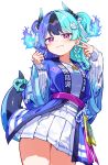  1girl :3 absurdres achichi_mela aqua_hair black_horns black_streaks blue_camisole blue_hair blue_happi braid breasts camisole closed_mouth commentary cowboy_shot criss-cross_halter deaver double-parted_bangs dragon_horns fire_hair_ornament flame_print flipped_hair gradient_horns hair_ornament hairclip halterneck happi highres hololive horns japanese_clothes lizard_tail long_hair looking_at_viewer miniskirt multi-strapped_camisole multicolored_hair multicolored_horns pink_eyes pleated_skirt pointy_ears side_braids simple_background skirt small_breasts smile solo split-color_hair streaked_hair tail tail_under_clothes tassel tassel_hair_ornament two_side_up virtual_youtuber white_background white_skirt 
