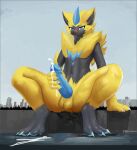 3_toes 5_fingers anthro balls biped blue_eyes blue_pawpads blush bodily_fluids city city_destruction claws cum cum_on_ground cumshot destruction digitigrade ejaculation erection feet finger_claws fingers fur generation_7_pokemon genital_fluids genitals hi_res humanoid_genitalia humanoid_penis legendary_pokemon macro macro_anthro macro_male male masturbation nintendo nude outside pawpads paws penile penis pokemon pokemon_(species) sitting solo solutionwcs toe_claws toes yellow_body yellow_fur zeraora