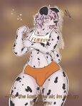 abs angry anthro blush bulge canid canine canis clothing dalmatian dialogue domestic_dog femboy fur hair hi_res highlights_(coloring) hooters hooters_uniform male mammal milktripp multicolored_body multicolored_fur nail navel ponytail shy solo thick_thighs