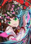  1girl absurdres ahoge aura braid bright_pupils brown_hair chinese_commentary commentary crown dress floating_hair flower flower_wreath green_eyes hair_between_eyes hair_flower hair_ornament hand_up head_wreath highres juliet_sleeves kanbe_kotori kazamatsuri_institute_high_school_uniform lace-trimmed_sleeves lace_trim leaf long_hair long_sleeves looking_at_viewer mini_crown neck_ribbon open_mouth pink_flower puffy_sleeves red_background red_ribbon rewrite ribbon school_uniform sidelighting simple_background smile smug solo sparkle twin_braids upper_body user_suxe5258 v-shaped_eyebrows white_dress white_flower white_pupils wide_sleeves 
