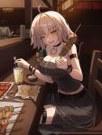  1girl absurdres ahoge arm_strap belt black_belt black_choker black_skirt black_tube_top bracelet breasts choker cleavage commentary commission english_commentary fate/grand_order fate_(series) food french_fries glass highres jeanne_d'arc_alter_(fate) jeanne_d'arc_alter_(sweets_paradise)_(fate) jewelry large_breasts o-ring shish_kebab short_hair skirt strapless thigh_strap tube_top white_hair yellow_eyes yoo_hwa 