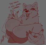 2026 2hrnap 5_fingers anthro arm_tuft bare_shoulders bear bedroom_eyes bent_arm big_breasts big_iris blue_eyes bottle breasts bulging_breasts cheek_tuft chest_tuft claws clothed clothed_anthro clothed_female clothing container curved_eyebrows dialogue digital_drawing_(artwork) digital_media_(artwork) dress ear_tuft elbow_tuft english_description english_text eye_markings eyebrows eyelashes eyeshadow facial_tuft fangs female finger_claws fingers fluffy fur fur_tuft grey_background half-closed_eyes half-length_portrait hi_res holding_bottle holding_container holding_object humanoid_hands iris lips long_eyelashes looking_at_viewer makeup mammal markings mature_anthro mature_female monochrome monotone_background narrowed_eyes neck_tuft open_mouth open_smile pointy_ears portrait prick_ears pupils red_and_grey red_text seductive shoulder_tuft signature simple_background skimpy skimpy_dress smile smiling_at_viewer snout solo spot_color talking_to_viewer teeth text thick_bottom_lip thin_eyebrows three-quarter_view tongue tuft