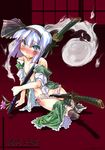  bare_shoulders between_thighs black_hairband blue_eyes blush dual_wielding flat_chest flower ghost hairband holding katana konpaku_youmu konpaku_youmu_(ghost) narumiya open_clothes open_mouth panties panty_pull sheath sheathed short_hair silver_hair skirt skirt_pull smile solo sword thighhighs touhou underwear weapon 