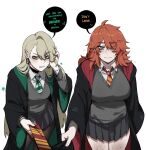  1boy 2girls absurdres black_choker black_cloak black_coat black_pantyhose black_skirt blonde_hair blue_eyes blush body_freckles breasts choker cloak coat collared_shirt commentary diagonal-striped_clothes diagonal-striped_necktie earrings english_commentary english_text freckles genderswap genderswap_(mtf) grabbing_another's_necktie green_necktie grey_sweater_vest hair_over_one_eye harry_potter harry_potter_(series) highres hogwarts_school_uniform hoop_earrings jewelry jimiko large_breasts long_hair looking_at_viewer malfoid masoq multiple_girls necktie pantyhose pleated_skirt pov red_hair red_necktie ron_weasley school_uniform shirt simple_background skirt speech_bubble standing striped_clothes striped_necktie sweater_vest thigh_freckles thighs white_background white_shirt wizarding_world 