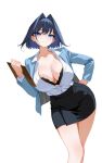  1girl black_bra black_skirt blue_eyes blue_hair bra breasts cleavage clipboard commentary english_commentary hair_intakes hand_on_own_hip highres holding holding_clipboard hololive hololive_english large_breasts looking_at_viewer miniskirt office_lady open_clothes open_shirt ouro_kronii sansha_art short_hair simple_background skirt solo underwear virtual_youtuber white_background 