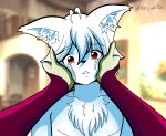 anthro bodily_fluids canid canine canis chest_tuft clothed clothing crying first_person_view fox fur gloves green_body green_skin hair hand_on_another's_head hand_on_head handwear hi_res holding_another holding_another's_head holding_head inner_ear_fluff lilith_(nikku_lunatique) looking_at_viewer male mammal nikku_lunatique nikku_lunatique_(character) purple_clothing red_eyes shirtless_male short_hair tears tuft white_body white_fur white_hair