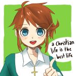  1girl blue_eyes braid braided_ponytail brown_hair christ-chan christianity collar cross cross_necklace drawfag dress green_background green_dress hair_ornament hairclip index_finger_raised jewelry long_dress necklace non-web_source original smile solo speech_bubble upper_body white_collar white_sleeves 