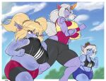 2025 5_fingers anthro athletic_wear belly big_belly big_breasts biped blonde_hair blue_body bodily_fluids bottomwear breasts bulging_breasts clothing female fingers group gym_bottomwear gym_shorts hair hi_res humanoid kappa_spark league_of_legends poppy_(lol) riot_games running shorts shortstack shortstack_female soraka sweat sweating_profusely sweaty_breasts tencent thick_thighs tired tired_eyes trio tristana_(lol) white_hair wide_hips yordle