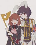  2girls ^_^ aiguillette animal_ears armband bakara_(19083210) black_dress black_hair black_leotard blush breasts brooch brown_hair chiester556 closed_eyes closed_mouth collared_dress commentary_request cropped_jacket crown dress film_grain frilled_cuffs frilled_shirt_collar frills gold_trim grey_background happy height_difference high_collar highres holding holding_staff jacket jewelry leotard long_sleeves maria_(umineko) medium_breasts mini_crown multiple_girls open_mouth partial_commentary rabbit_ears red_eyes red_ribbon ribbon short_hair showgirl_skirt simple_background smile staff tassel umineko_no_naku_koro_ni ushiromiya_maria white_jacket wing_collar 