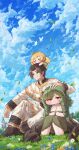  1boy 2girls absurdres barefoot black_hair blitz_predator blonde_hair blue_sky blush_stickers braid braided_sidelocks breasts brown_eyes brown_hair cassock chibi cleavage closed_eyes cloud cloudy_sky commentary_request falling_leaves flower gradient_hair grass green_hair hair_flower hair_ornament hand_on_another's_head head_hug highres horns large_breasts leader_(trickcal) leaf leaf_on_head long_hair low_twintails mini_person mini_person_on_head minigirl mistletoe_(trickcal) multicolored_hair multiple_girls on_ground robe sidelocks sitting sky smile tears tree_horns trickcal twintails two-tone_hair very_long_hair white_robe youngchun_(trickcal) 