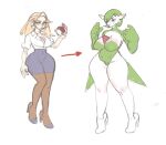 5_fingers before_and_after belly big_hands blonde_hair business_suit clothing directional_arrow ear_piercing ear_ring female fingers footwear gardevoir generation_3_pokemon green_body green_hair hair hair_over_eye high_heeled_feet high_heels human human_to_humanoid humanoid kurosaki_artist leggings legwear light_body light_skin mammal nintendo nipple_outline pale_skin piercing pokeball pokemon pokemon_(species) red_arrow ring_piercing sequential_arrow shoes simple_background solo species_transformation standard_pokeball suit tight_dress_shirt transformation white_background white_body white_skin