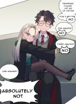  1boy 1girl black_robe black_shoes black_skirt blonde_hair breasts clinging closed_eyes closed_mouth collared_shirt commentary diagonal-striped_clothes diagonal-striped_necktie english_commentary english_text genderswap genderswap_(mtf) glasses green_eyes green_necktie green_robe grey_sweater grey_sweater_vest harry_potter harry_potter_(series) highres hogwarts_school_uniform holding hoshino_aoi_(la_huynh_hai_than) jacket loafers long_hair long_sleeves malfoid medium_breasts miniskirt necktie pantyhose pleated_skirt pout red_necktie red_robe robe round_eyewear school_uniform shirt shoes simple_background skirt slytherin smile speech_bubble striped_clothes striped_necktie sweater sweater_vest two-sided_fabric two-sided_robe two-tone_robe v-neck white_background white_shirt wizarding_world 
