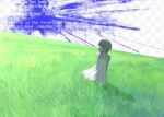  1girl arms_behind_back bare_shoulders black_eyes blue_screen_of_death brown_hair checkered_background chemise closed_mouth collarbone commentary dress english_commentary error_message expressionless fake_transparency field flat_chest grass hair_ornament highres iwakura_lain knowthisdream looking_back outdoors serial_experiments_lain short_hair single_sidelock sky sleeveless sleeveless_dress solo spaghetti_strap sundress weirdcore white_chemise white_dress wide_shot x_hair_ornament 