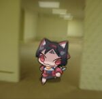  1girl animal_ear_fluff animal_ears backrooms_(creepypasta) black_hair cat_ears cat_girl chibi chibi_only commentary_request facial_mark forehead_mark hairband highres korean_commentary looking_at_viewer nekomiya_mana red_eyes red_hairband rogue_dojeog shaded_face smile solo zenless_zone_zero 