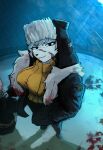 anthro big_breasts blood blood_on_clothing blood_on_face blood_on_hand bodily_fluids breasts clothing detailed_background dragon_ball duo female fur fuseadrift goku hat headgear headwear hi_res hybrid jacket looking_at_viewer markings nipple_outline pupils ring scar smile solo standing sweater topwear white_body white_fur yellow_clothing