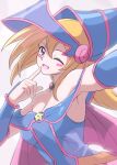  1girl armpits bare_shoulders blonde_hair blue_hat blush blush_stickers breasts cleavage commentary_request dark_magician_girl duel_monster green_eyes hair_between_eyes hat highres lelie_(lelie_link) long_hair looking_at_viewer one_eye_closed open_mouth smile solo upper_body wizard_hat yu-gi-oh! 
