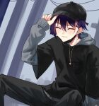  1boy alternate_costume arm_at_side bishounen black_hat black_mask black_pants black_shirt black_sleeves blunt_ends blush cable casual closed_eyes closed_mouth commentary contemporary cross cross_earrings ear_piercing earrings english_commentary eyeliner facing_viewer fang fingernails genshin_impact gold_necklace grey_hood grey_hoodie grey_sleeves hair_between_eyes hand_up hat hat_tip highres hood hood_down hoodie jewelry layered_sleeves long_sleeves makeup male_focus mask mask_around_neck mouth_mask multicolored_hair necklace newsboy_cap outdoors overcast pants piercing pink_hair pink_nails purple_hair red_eyeliner scaramouche_(genshin_impact) shirt short_over_long_sleeves short_sleeves sitting sky solo streaked_hair t-shirt utility_pole yoontrsh 