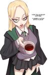  1girl black_cloak black_skirt blonde_hair cloak commentary cup english_commentary english_text fingernails genderswap genderswap_(mtf) green_eyes green_nails green_necktie grey_sweater_vest harry_potter_(series) highres hogwarts_school_uniform holding holding_cup john_fox long_hair looking_at_viewer malfoid nail_polish necktie open_mouth school_uniform simple_background skirt solo striped_clothes striped_necktie sweater_vest teacup tears thighs white_background wizarding_world 