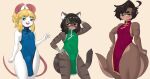 2026 absurd_res ahoge anthro asian_clothing black_hair black_nose blonde_hair blue_clothing blue_dress blush brown_body brown_fur bulge cat_sona_(mr-shin) chinese_clothing chinese_dress clothing dipstick_tail domestic_cat dress east_asian_clothing felid feline felis femboy fur gloves_(marking) green_clothing green_dress green_eyes grey_body grey_fur grey_stripes group hair hi_res looking_at_viewer looking_away male mammal markings marvin_(mr-shin) mouse mr-shin murid murine muscular muscular_anthro muscular_male mustelid otter pink_inner_ear red_clothing red_dress river_otter rodent shin_(mr-shin) standing striped_body striped_fur stripes tail tail_markings tan_body tan_fur thick_thighs trio white_body white_fur