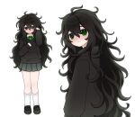 1girl ahoge averting_eyes black_hair black_hoodie blue_skirt blush bow bowtie collared_shirt commentary degrees_of_lewdity dot_nose double-parted_bangs flat_chest from_side full_body green_bow green_bowtie green_eyes hair_between_eyes hand_on_own_chest highres hood hood_down hoodie kneehighs kylar_(degrees_of_lewdity) kylar_(female)_(degrees_of_lewdity) langsan loafers long_hair long_sleeves looking_at_viewer messy_hair microskirt multiple_views pleated_skirt pocket shirt shoes simple_background skirt socks turning_head very_long_hair white_background white_shirt white_socks 